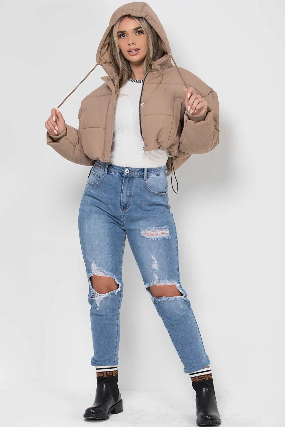 Crop Puffer Jacket With Hood Beige