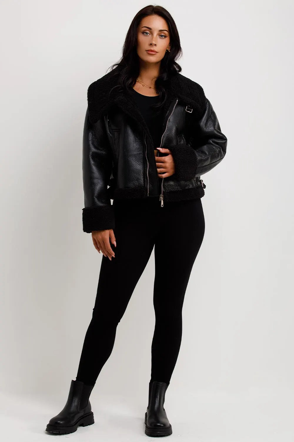 Black Faux Leather Aviator Jacket With Belt