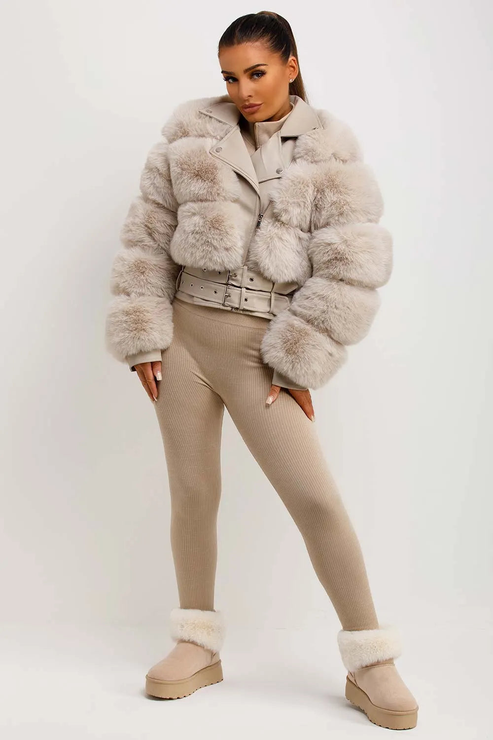 Faux Fur Faux Leather Aviator Jacket With Belt Beige
