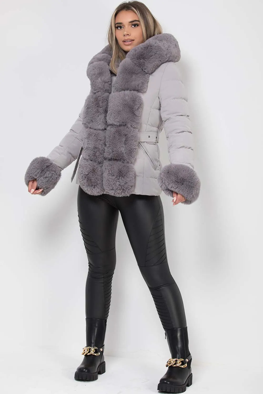 Puffer Jacket With Luxury Faux Fur Hood And Trim Grey