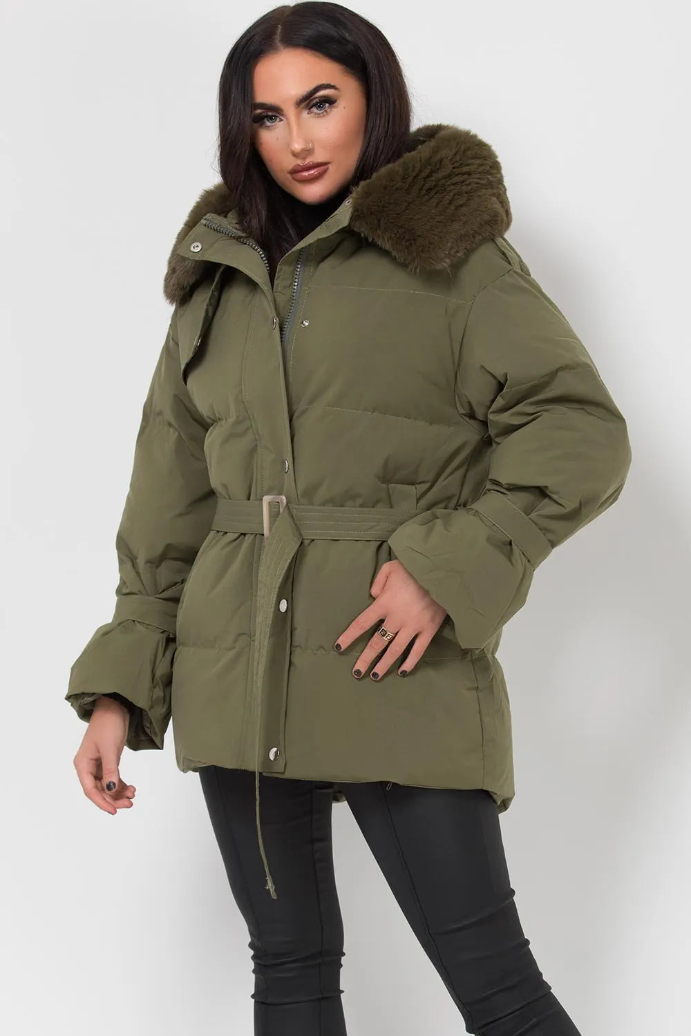 Khaki Puffer Padded Coat With Faux Fur Hood