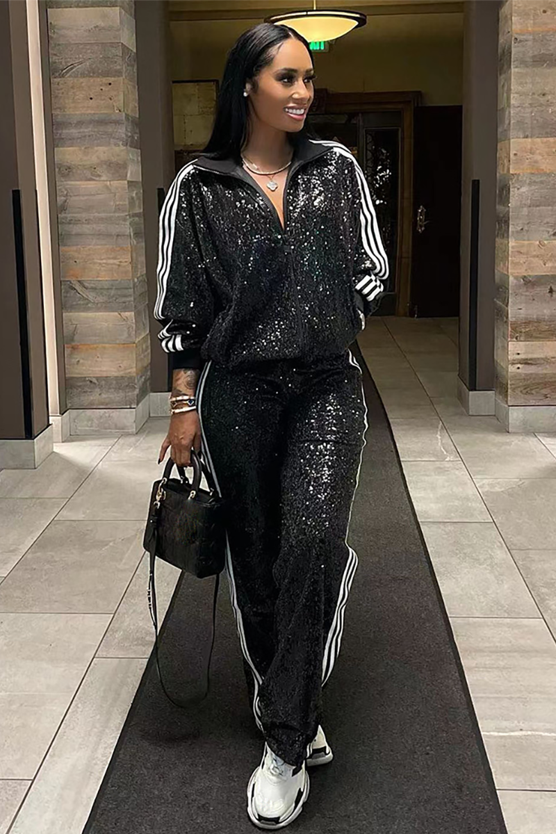Striped Pattern Sequin Long Sleeve Jacket Straight Leg Pants Matching Set-Black