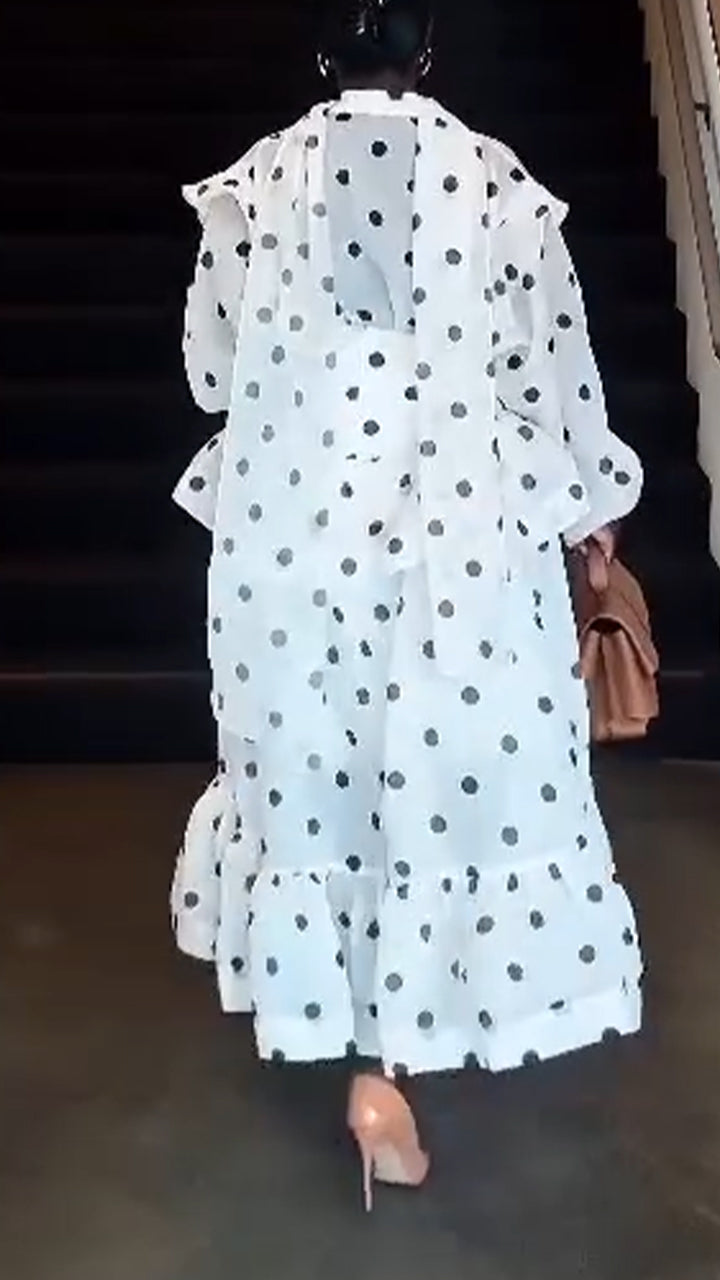 Women Round Neck Polka Dot Top+ Patchwork Skirt Casual Set with Temperament