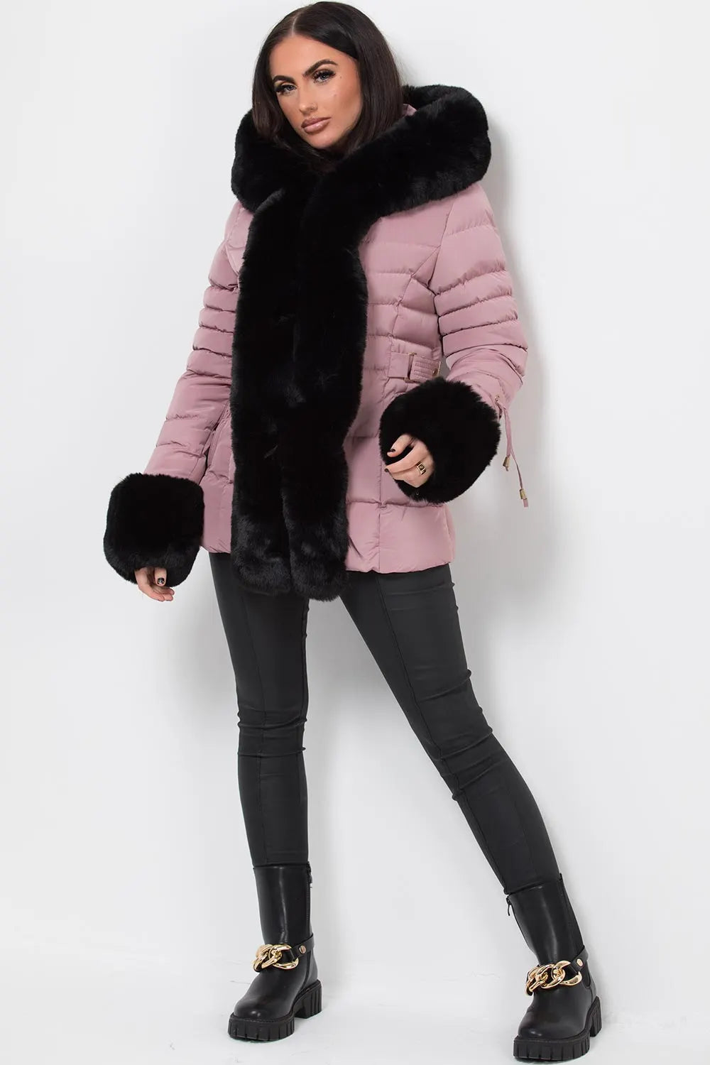 Pink Puffer Coat With Faux Fur Hood And Cuff