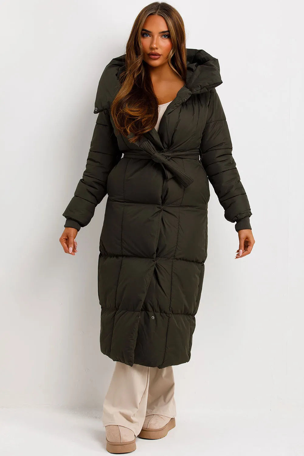 Long Puffer Coat With Hood And Belt Khaki