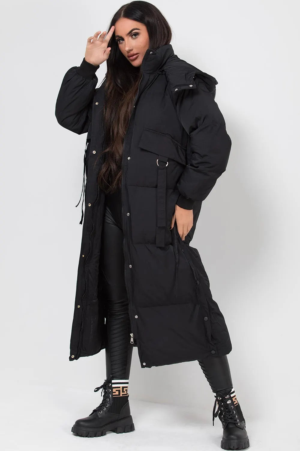 Long Puffer Padded Coat With Utility Pockets Black
