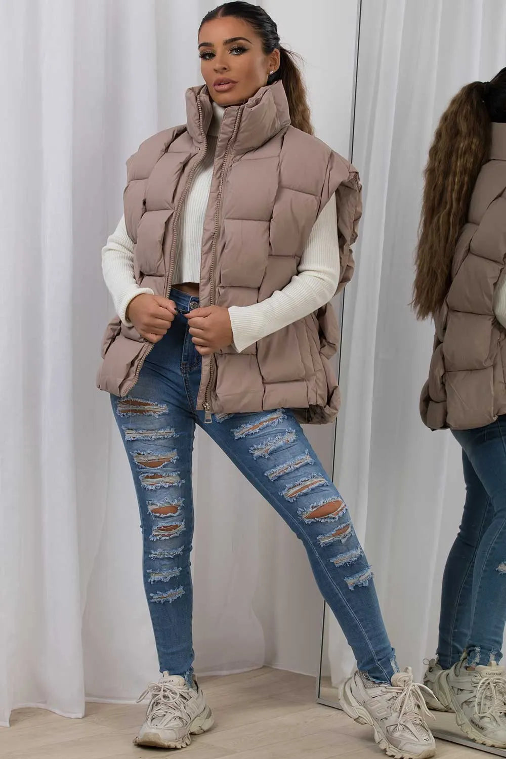 Quilted Padded Gilet With Woven Detail Beige
