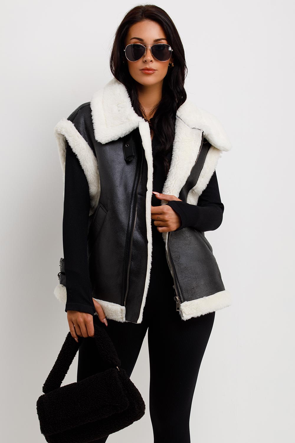 Faux Shearling Aviator Gilet In Faux Leather Black