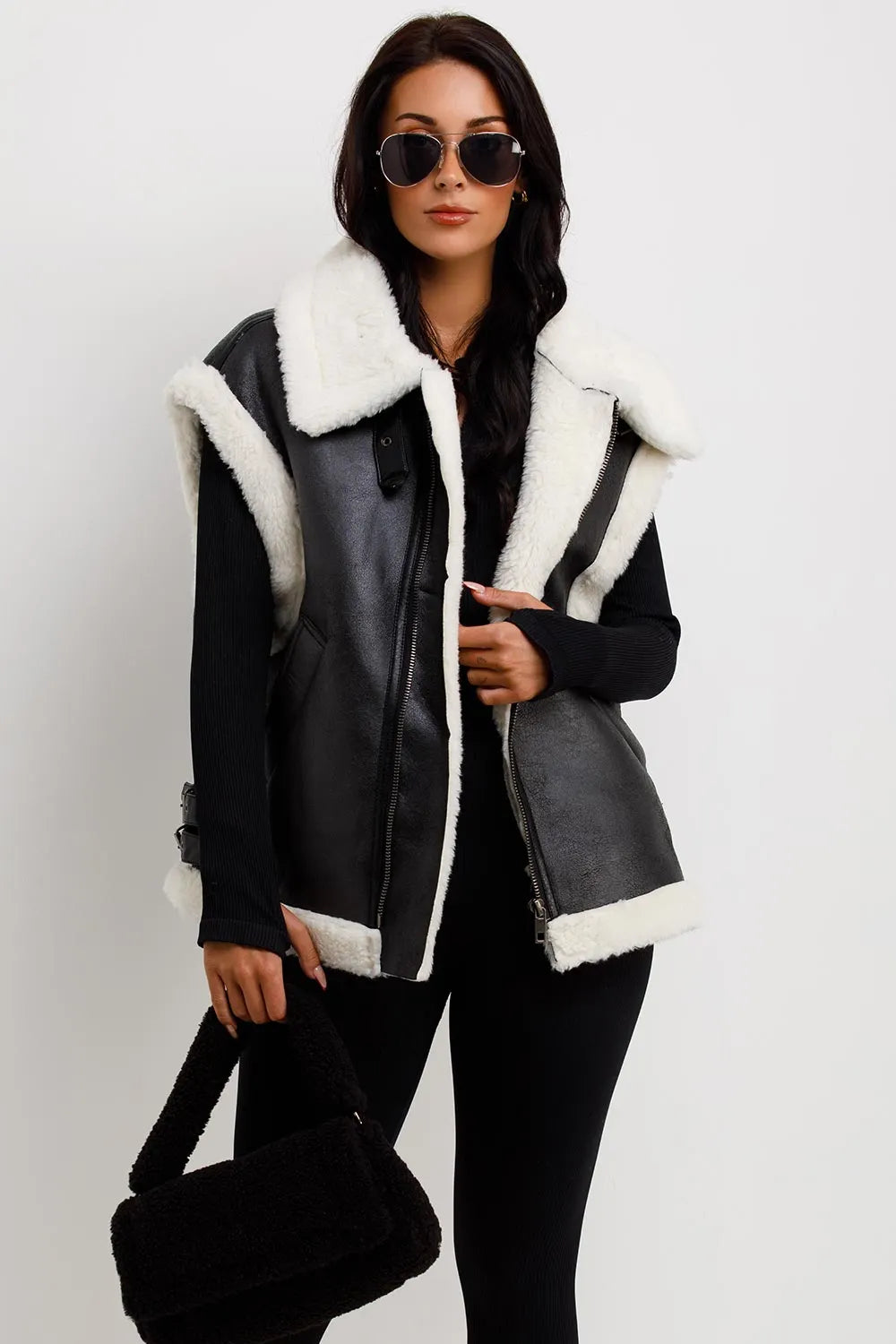 Faux Shearling Aviator Gilet In Faux Leather Black