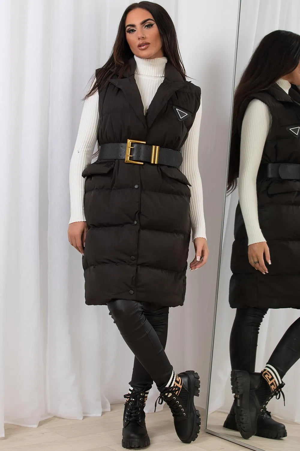 Black Long Puffer Gilet With Lapel Collar & Belt