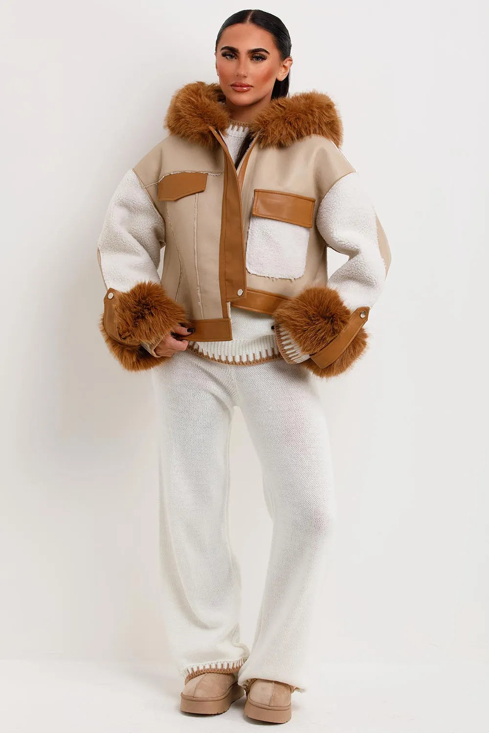 Shearling Faux Leather Jacket With Faux Fur Hood Beige