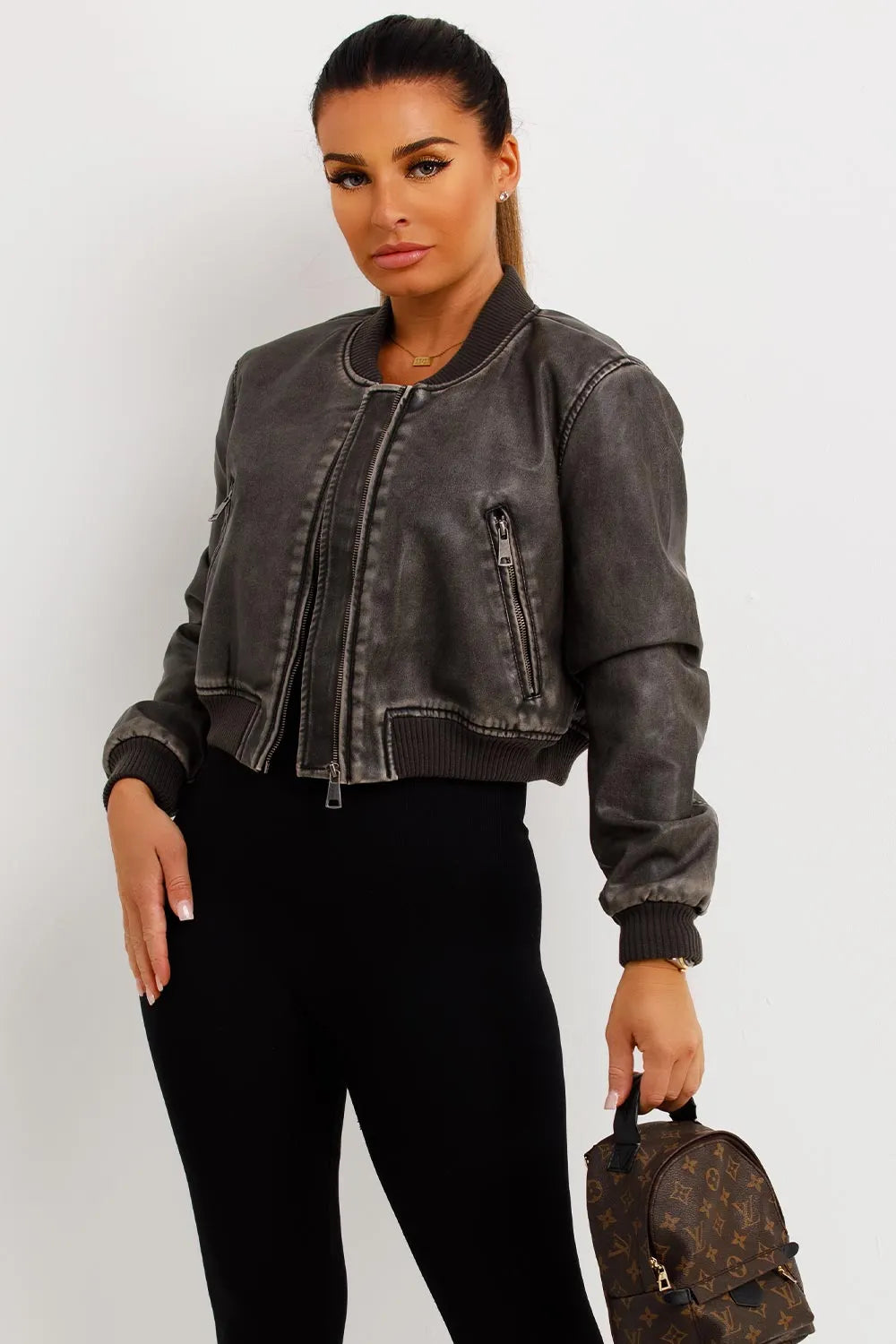 Faux Leather Bomber Jacket Grey