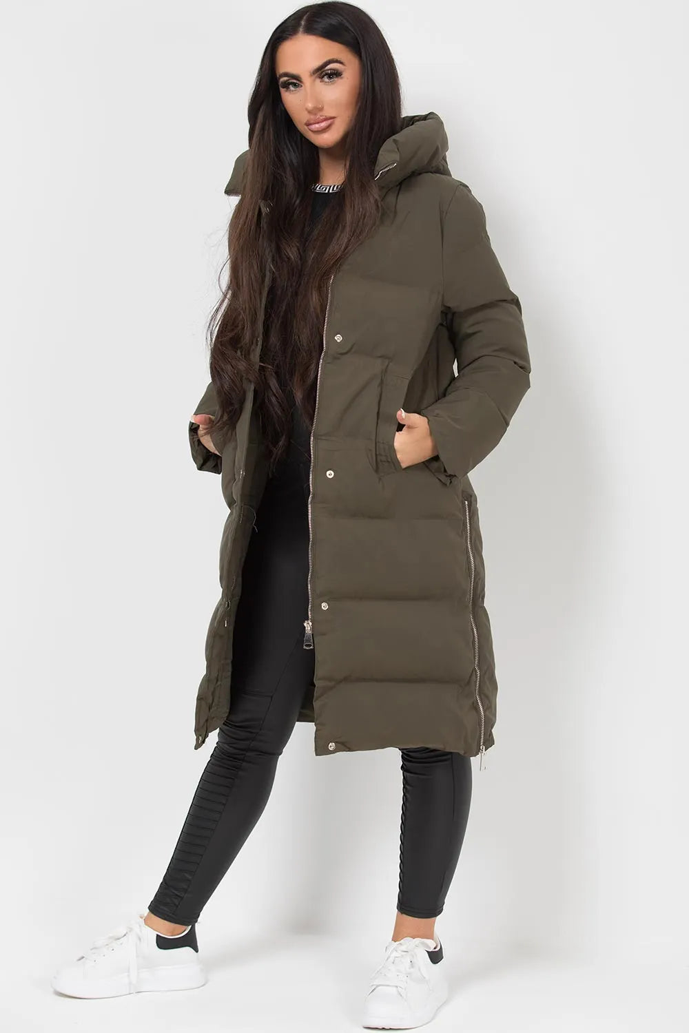 Long Puffer Coat With Side Zip Khaki