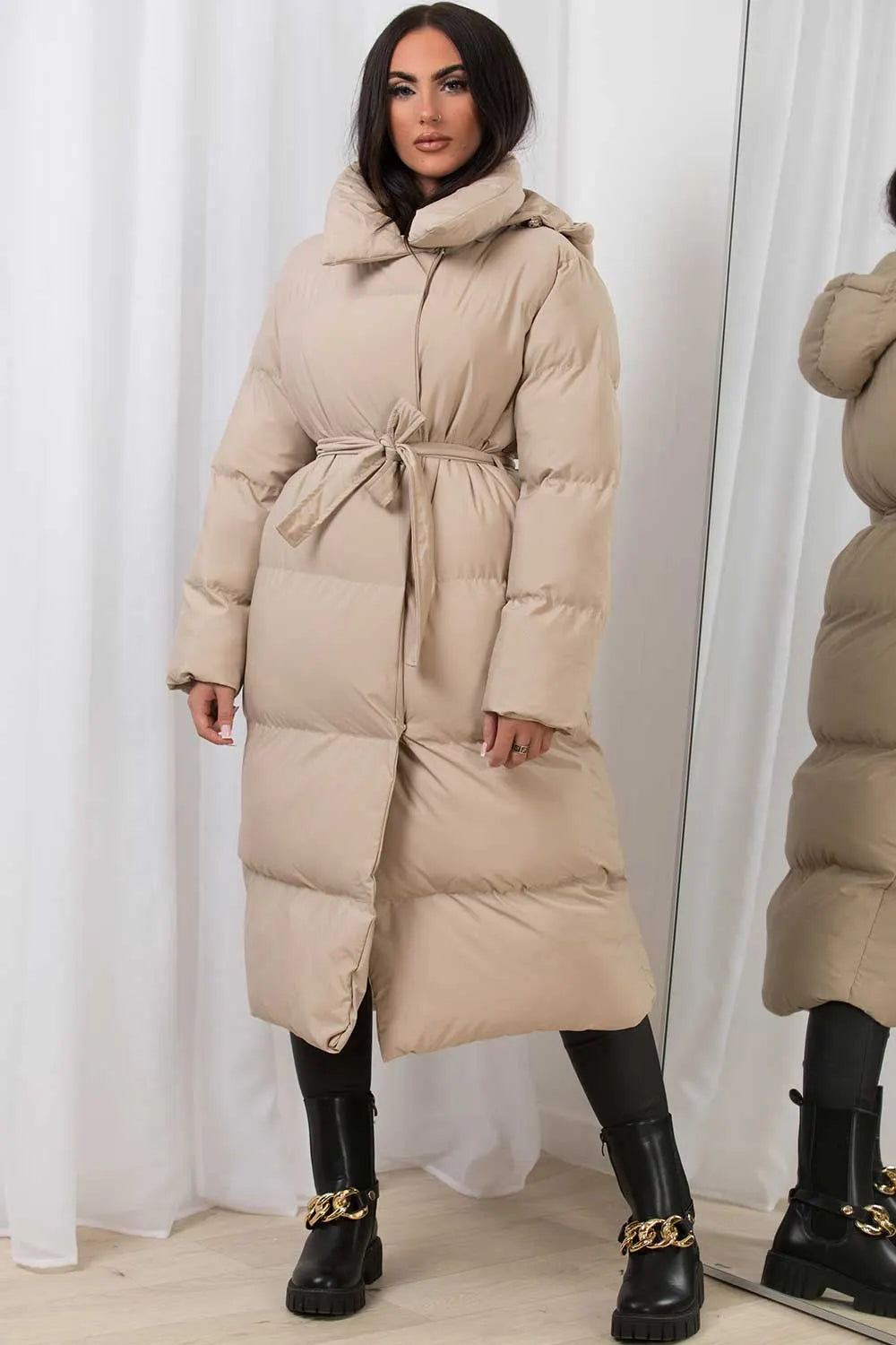 Long Duvet Coat With Hood Beige