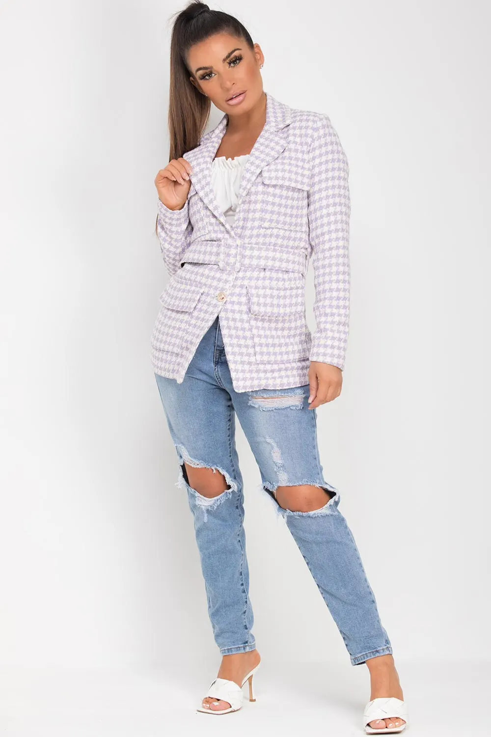 Tweed Blazer With Belt Lilac