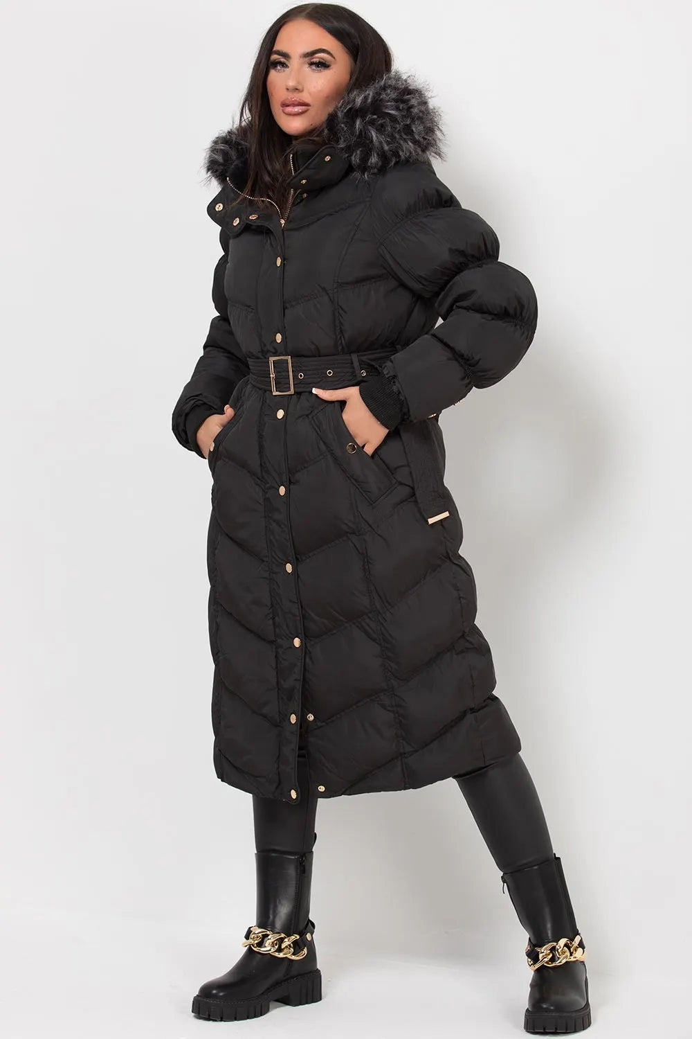 Black Long Puffer Coat With Fur Hood And Belt