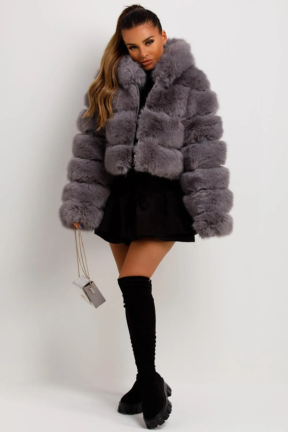Grey Faux Fur Coat With Hood