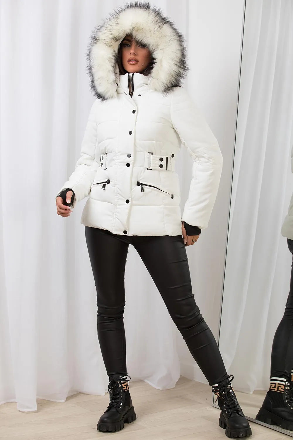 Faux Fur Hood Puffer Jacket With Buckle Belt White