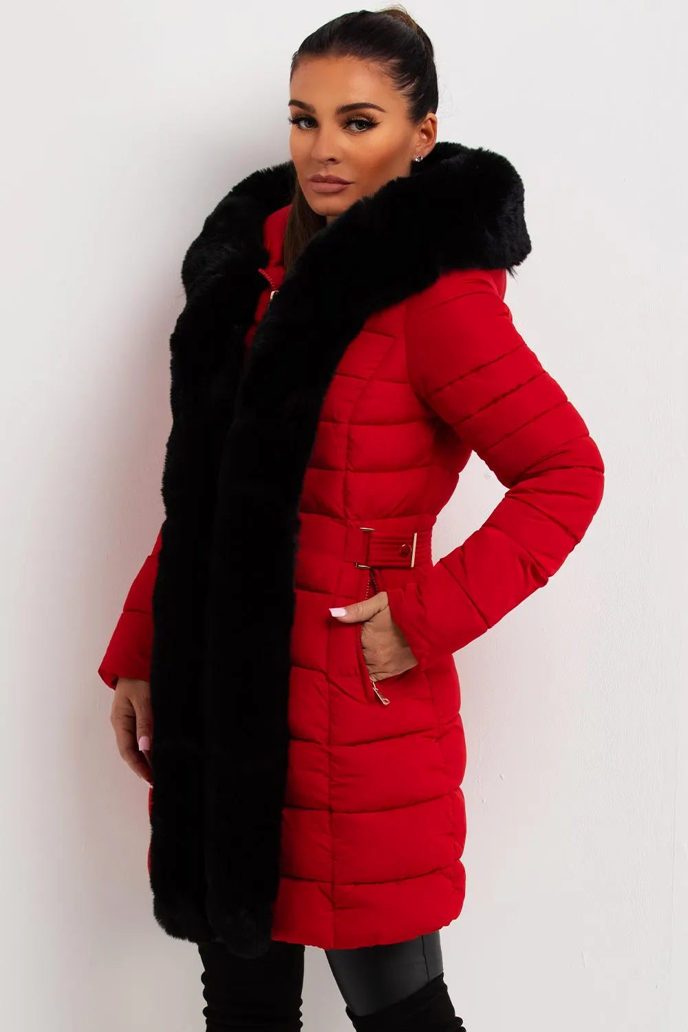 Puffer Padded Coat With Faux Fur Hood Red