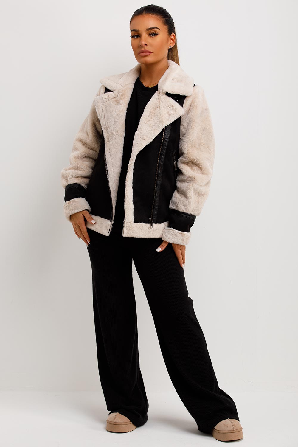 Aviator Jacket In Faux Suede With Fur Sleeves Black