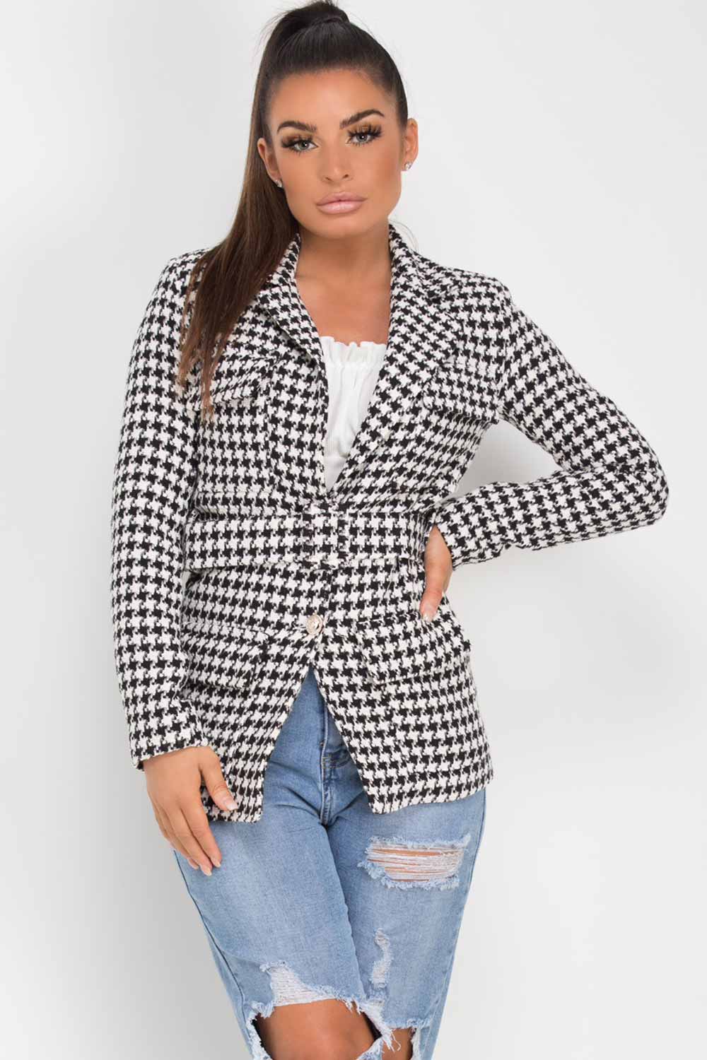 Tweed Blazer With Belt Black And White