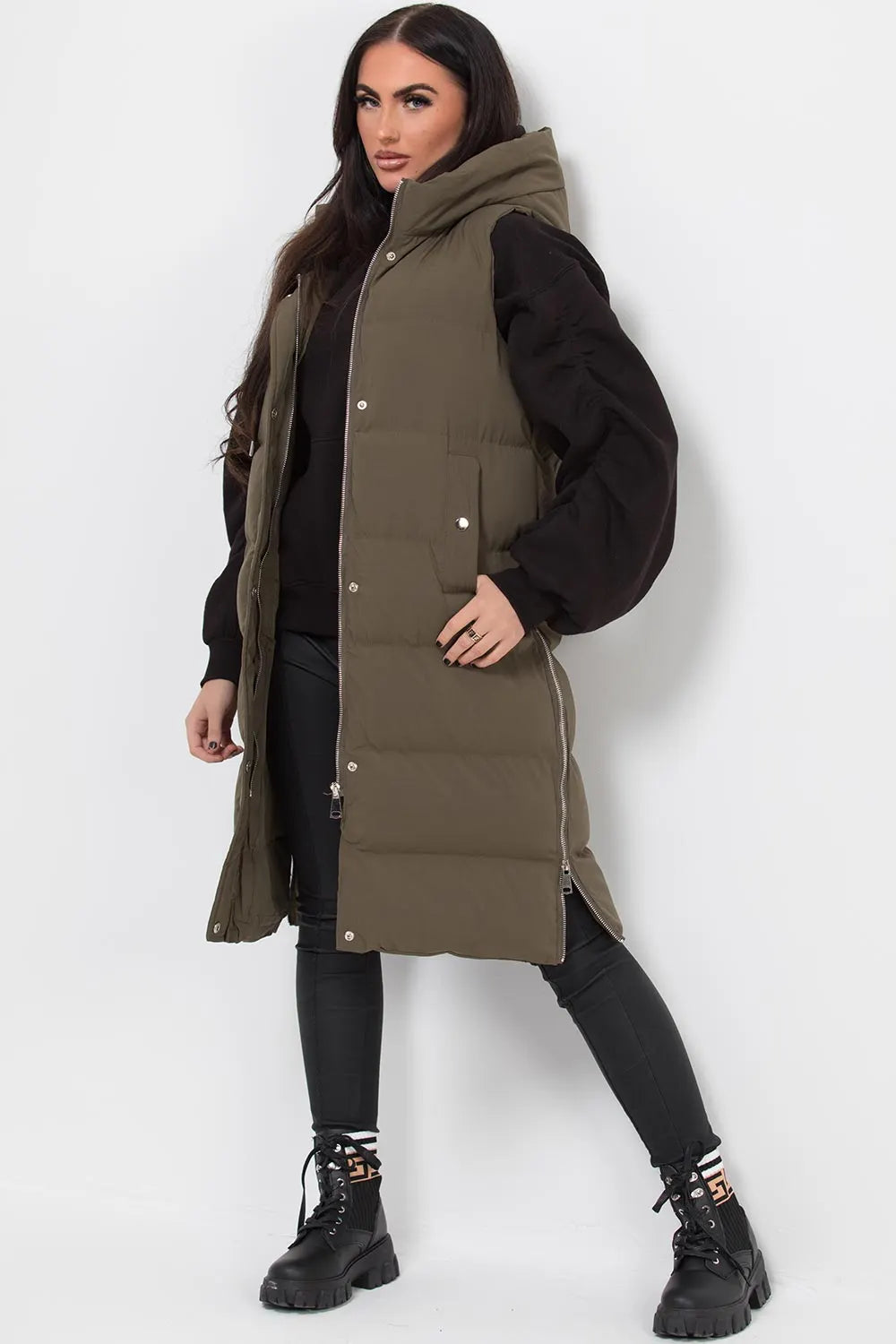 Longline Hooded Gilet Khaki