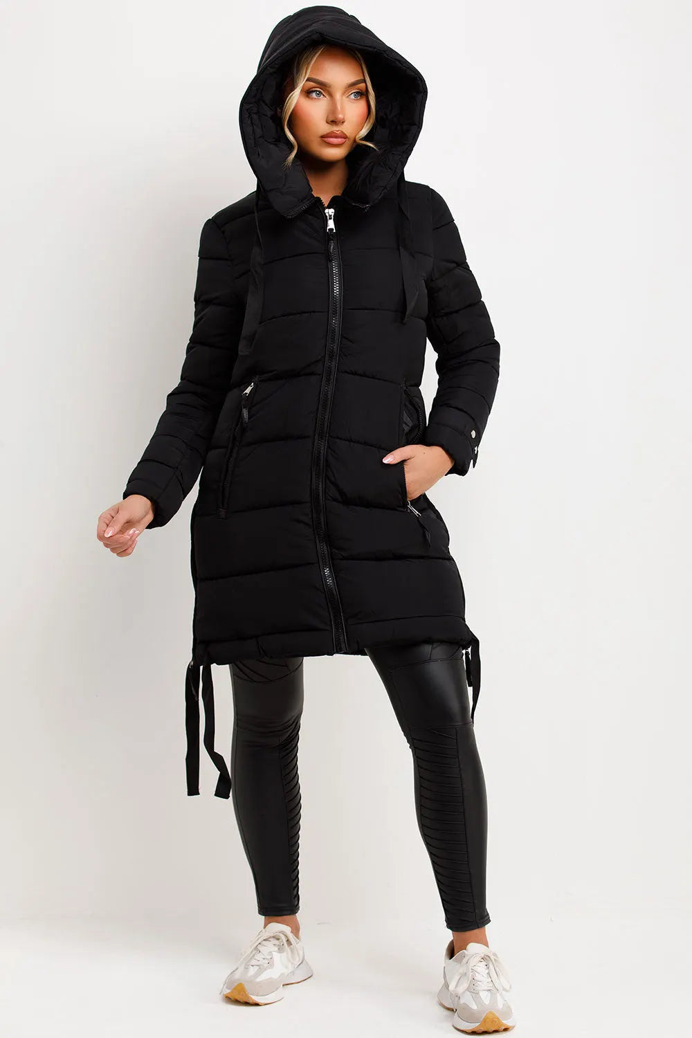 Long Puffer Coat With Hood And Side Straps Black