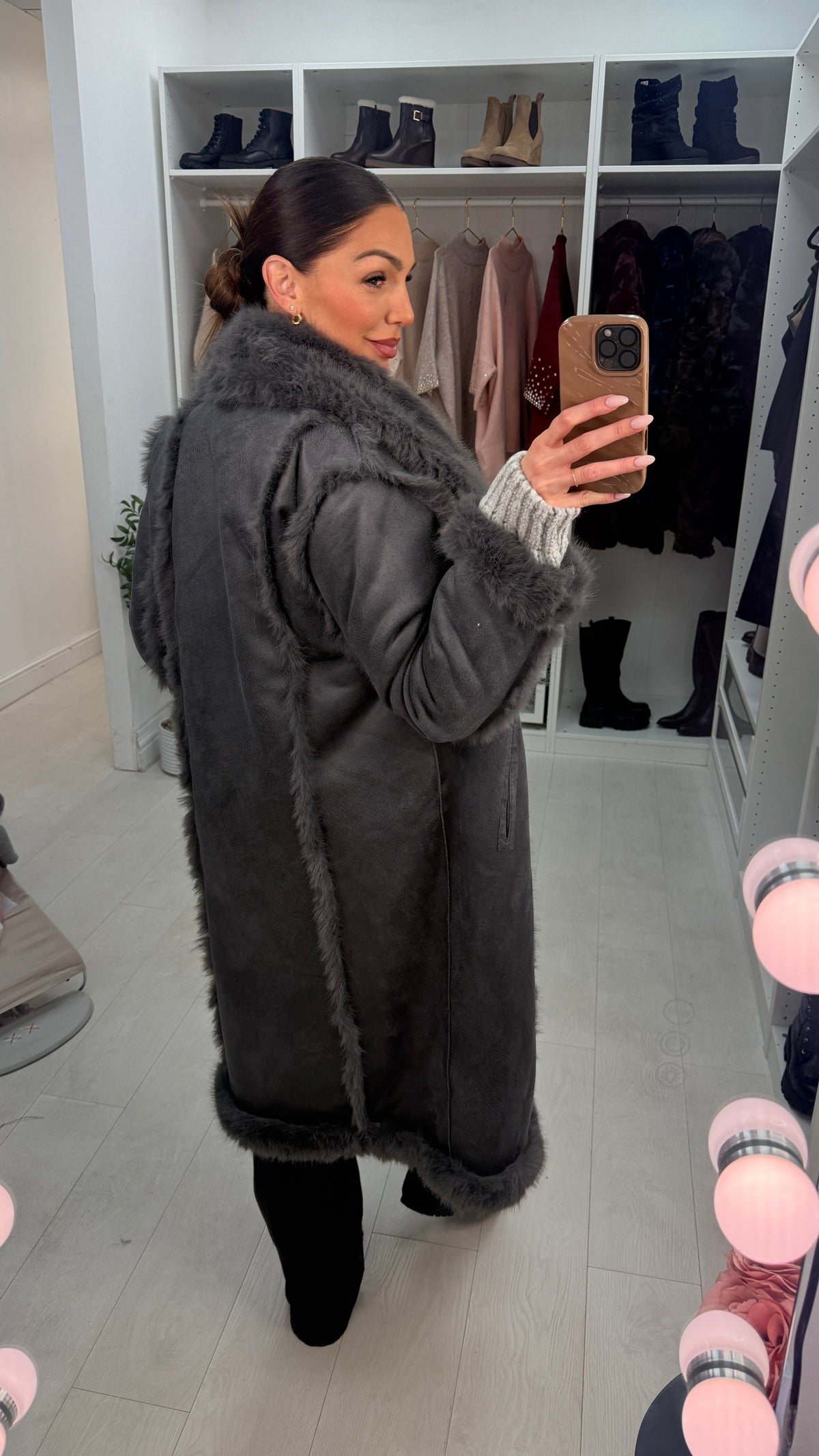 Gracey Faux Fur/Faux Suede Reversible Longline Coat