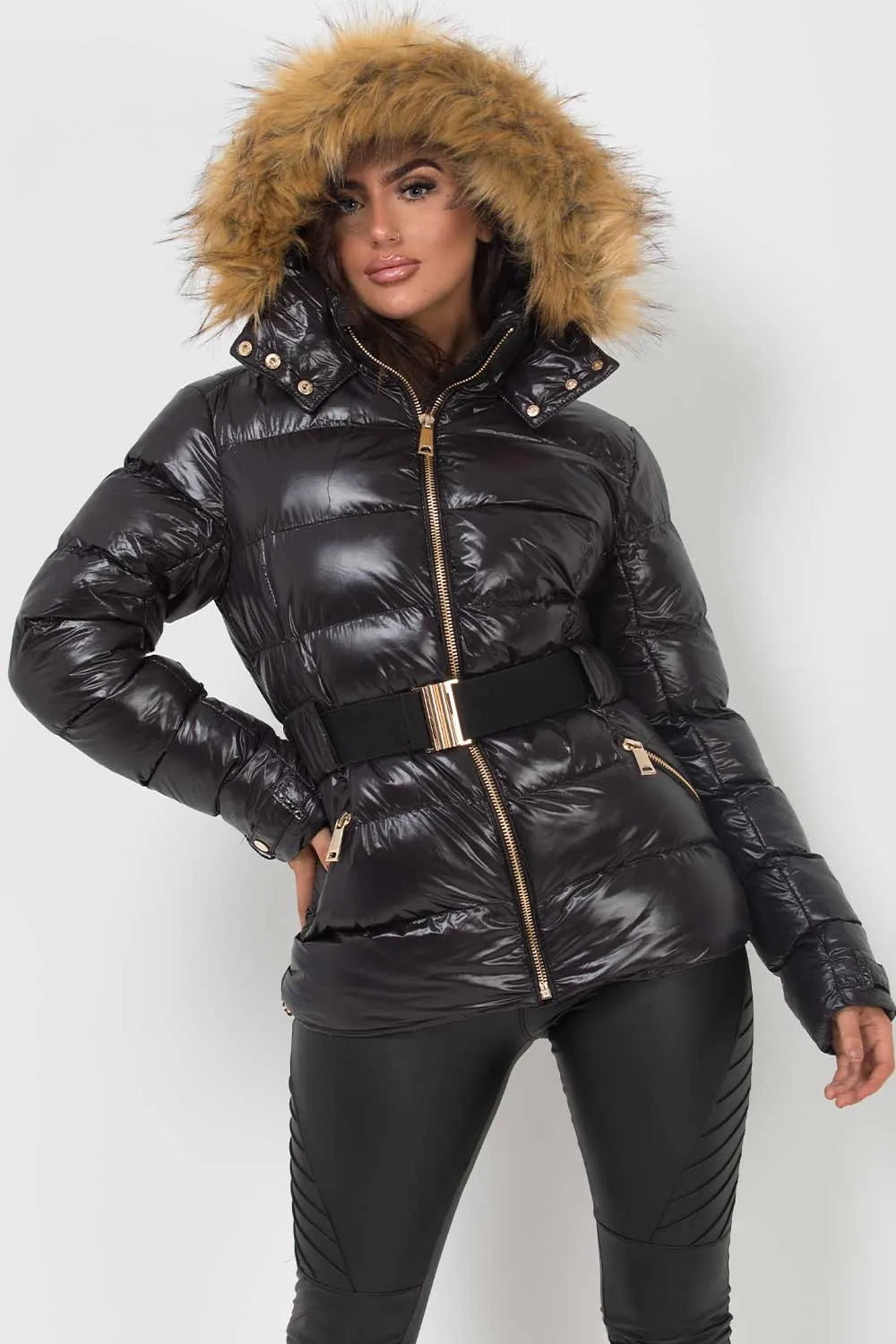 Shiny Puffer Belted Jacket With Faux Fur Hood