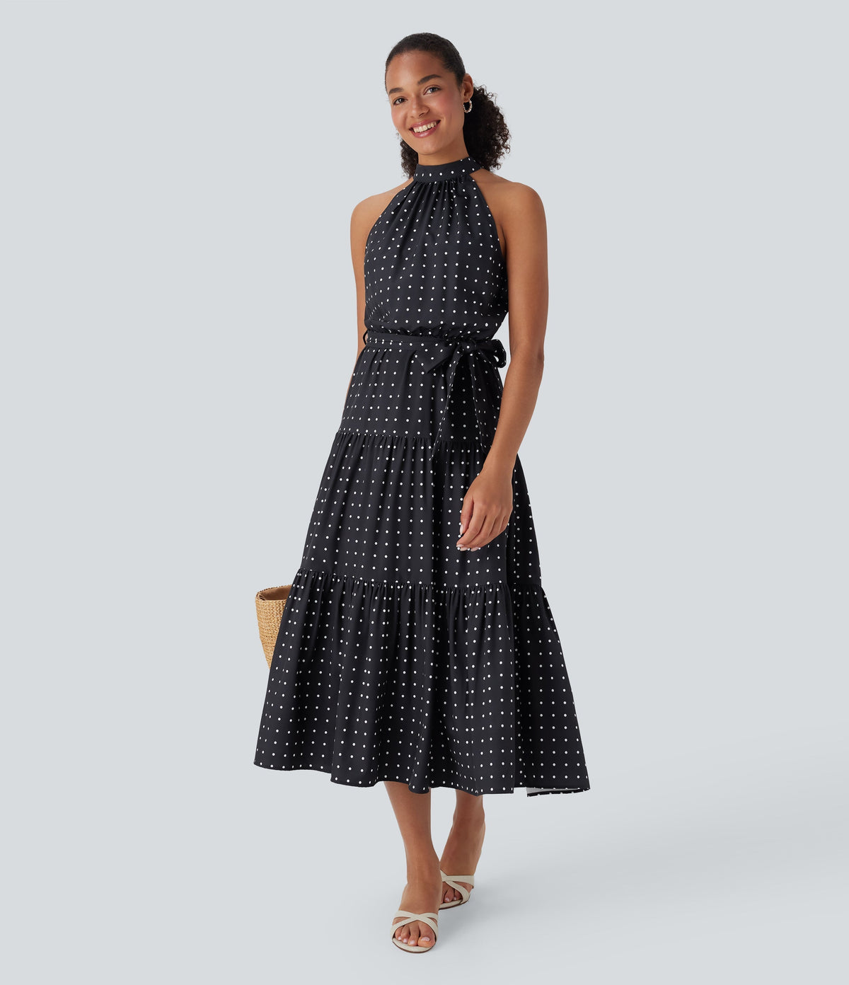 Halter Keyhole Back Belted Polka Dot Flowy Midi Dress with Pockets