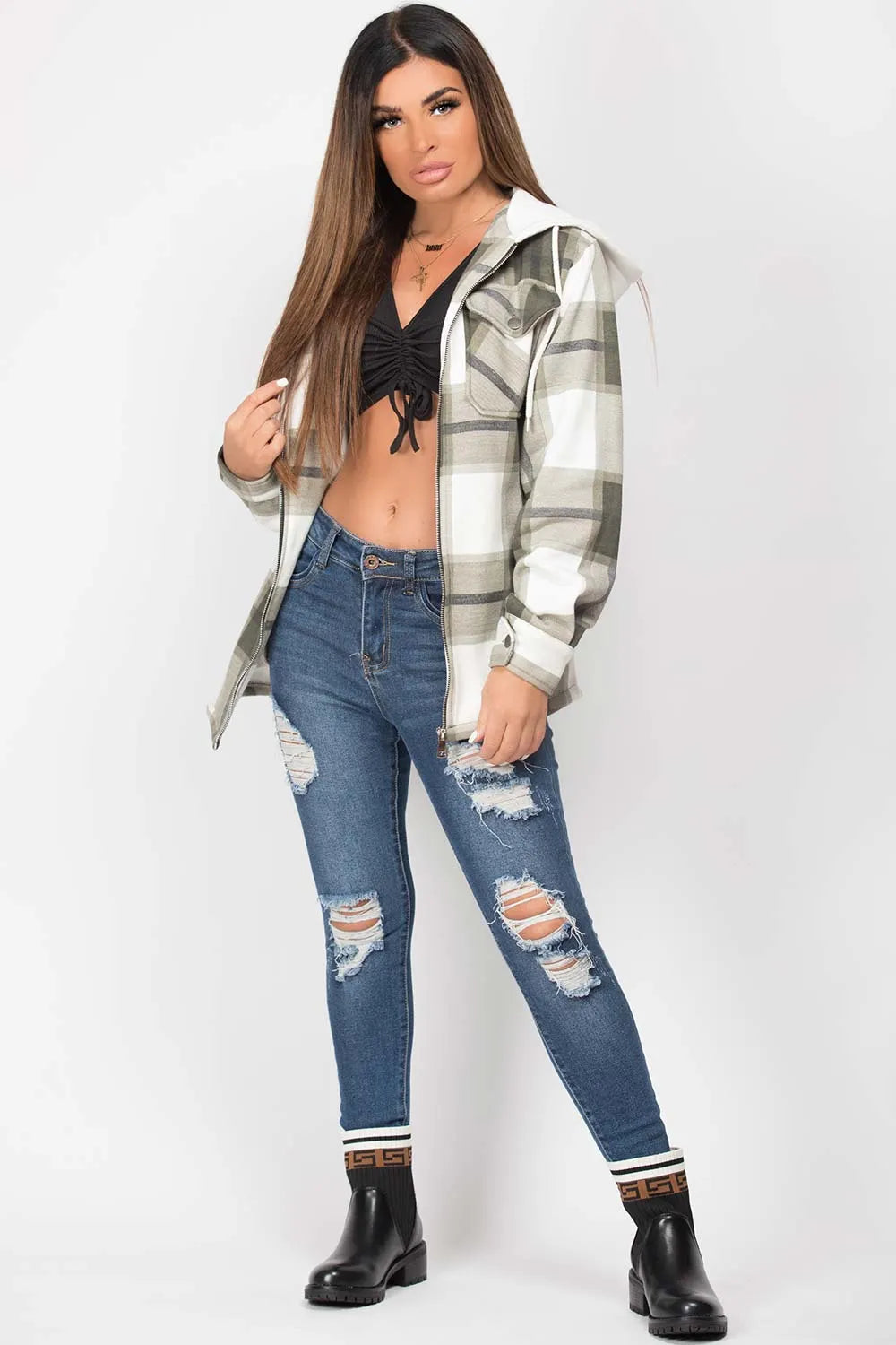 Khaki Check Hooded Shacket