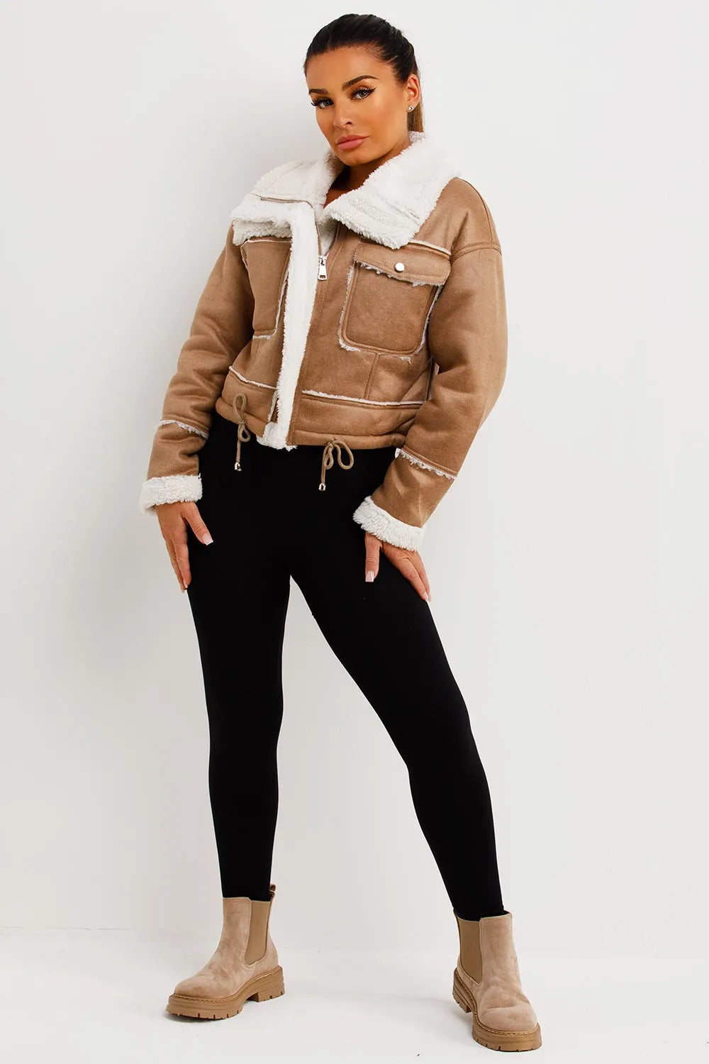 Faux Shearling Faux Leather Jacket Beige