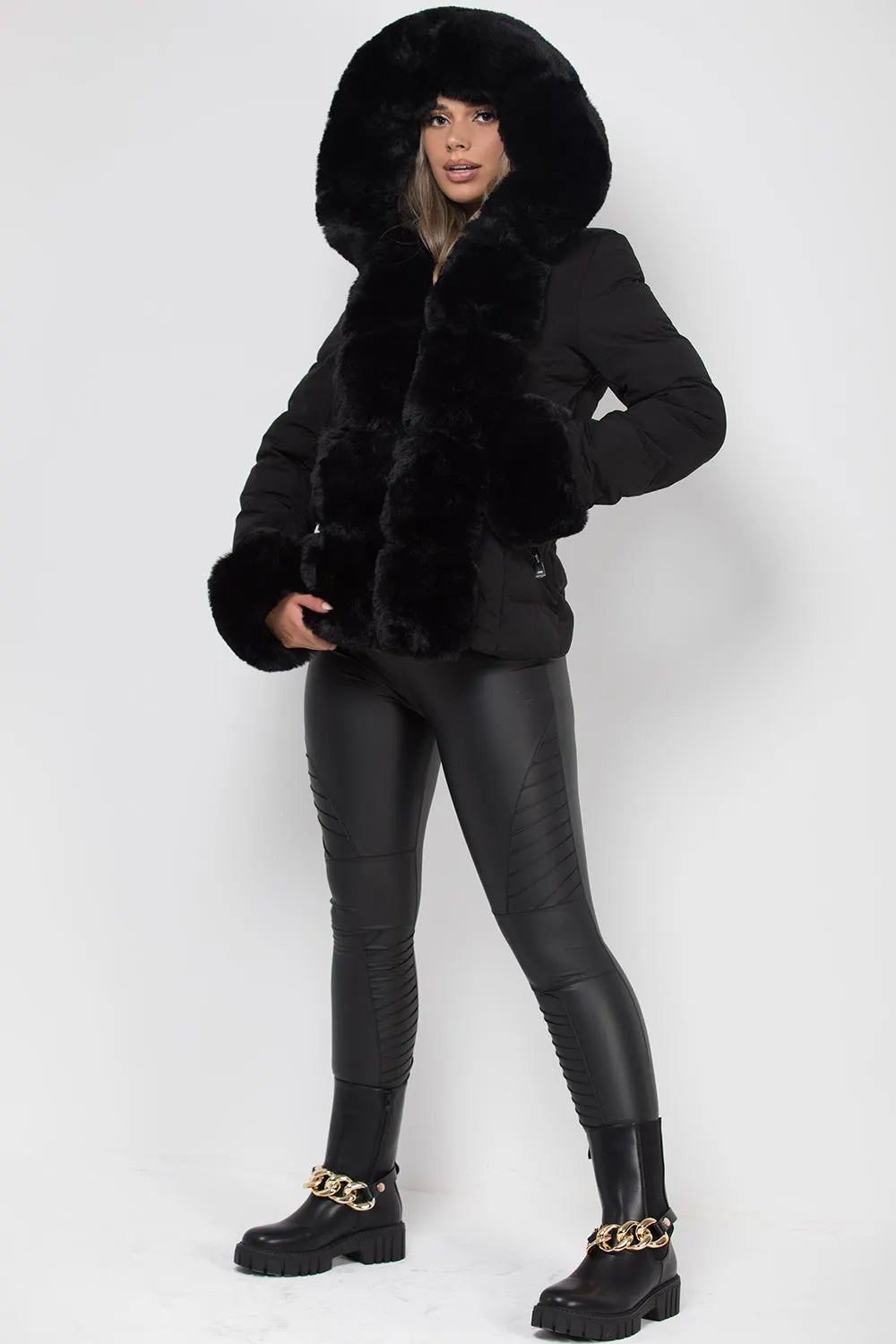Puffer Jacket With Luxury Faux Fur Hood And Trim Black