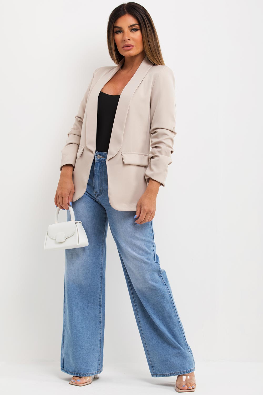 Beige Ruched Sleeve Blazer Jacket