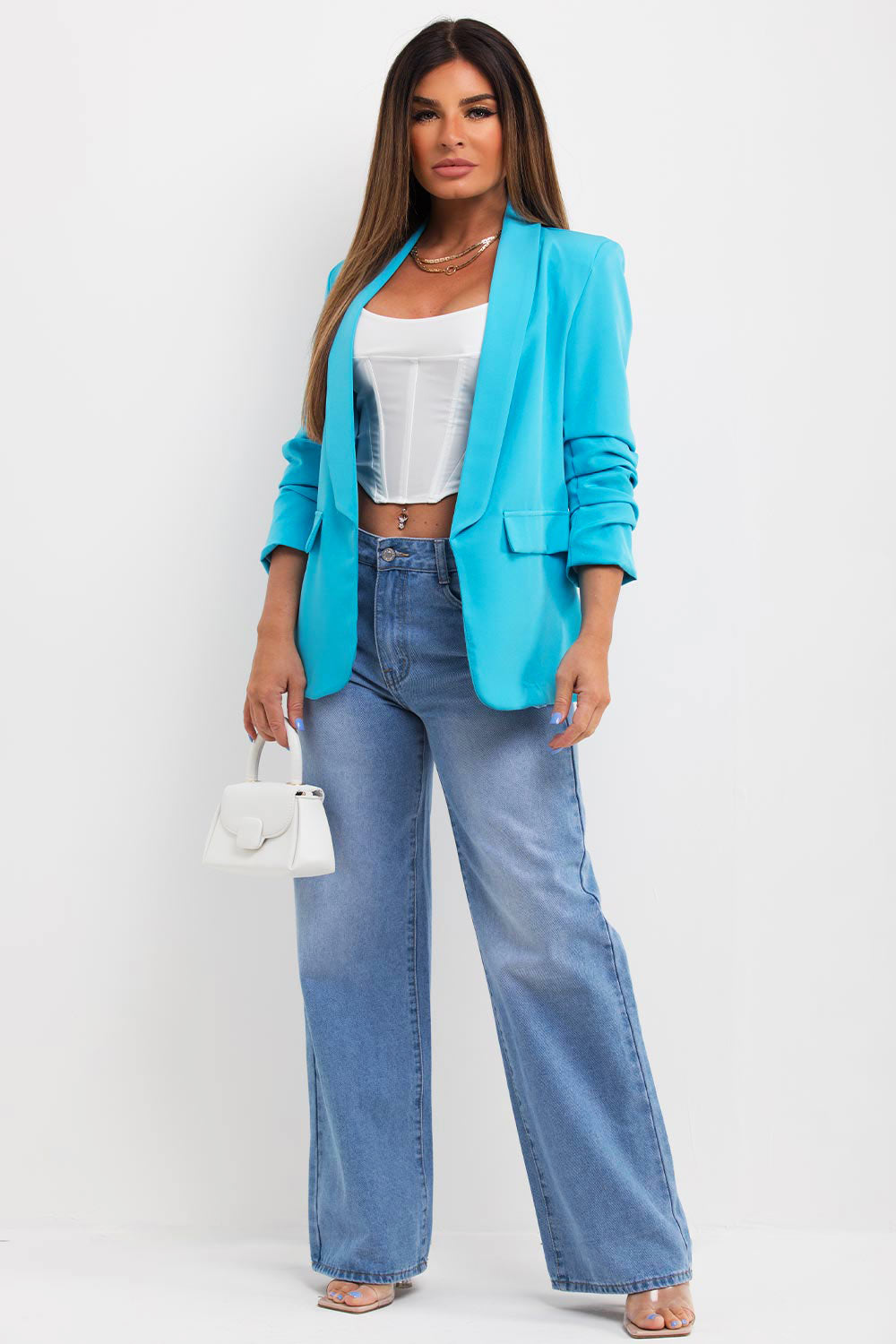 Turquoise Ruched Sleeve Blazer