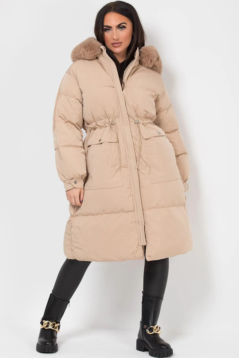 Long Puffer Coat With Faux Fur Hood And Drawstring Waist Beige