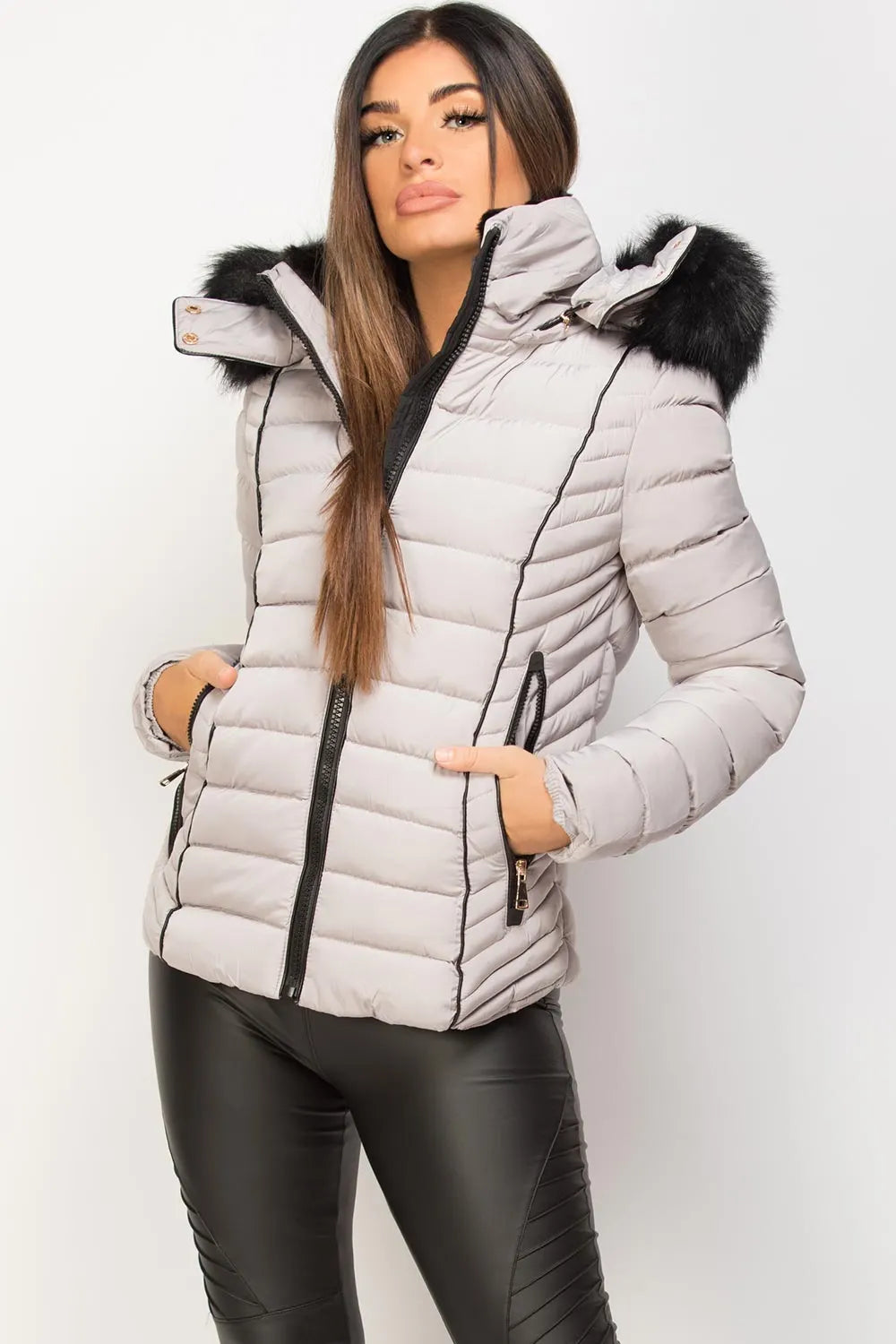 Grey Puffer Jacket With Faux fur Hood And Quilted Detail