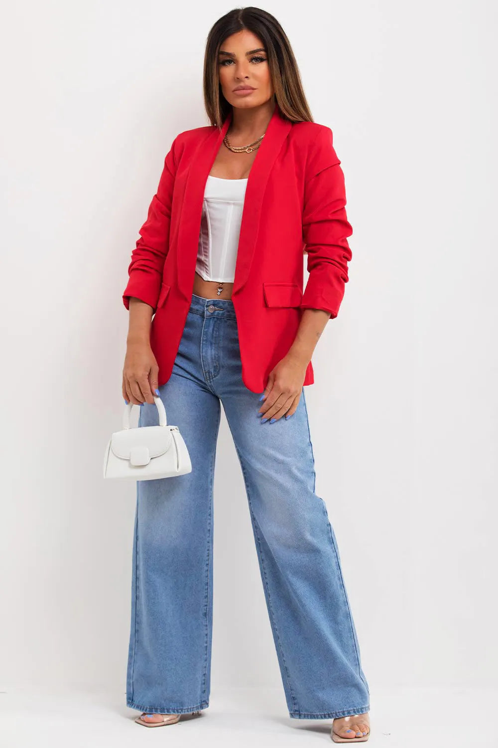 Red Ruched Sleeve Blazer