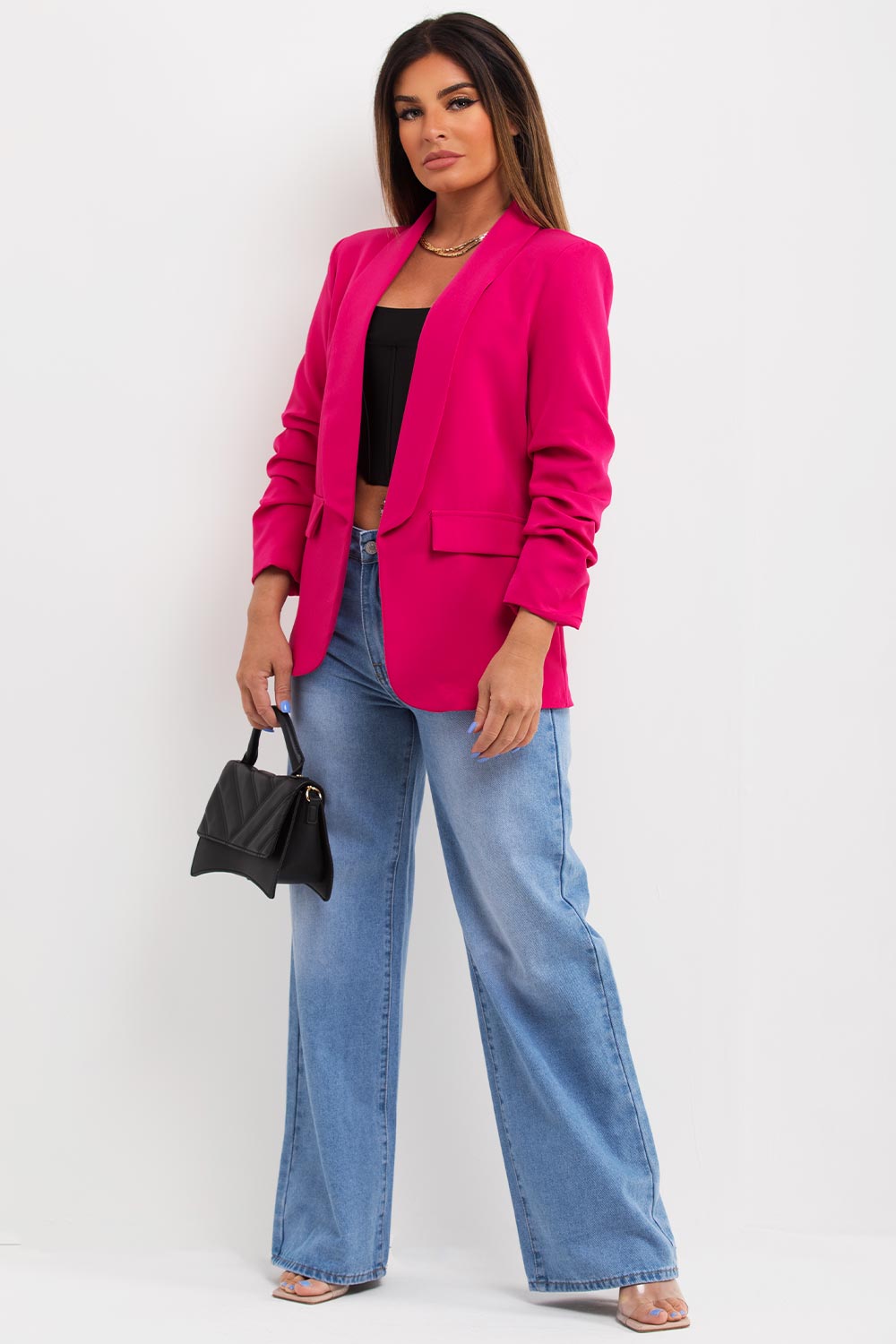 Hot Pink Ruched Sleeve Blazer