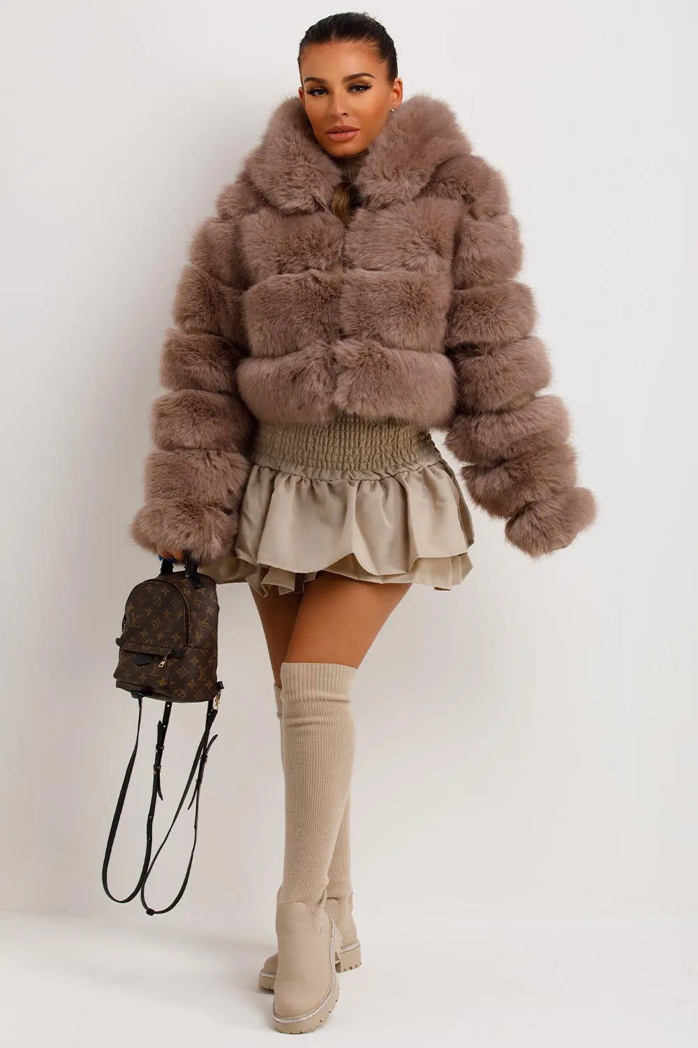 Faux Fur Coat With Hood Tan
