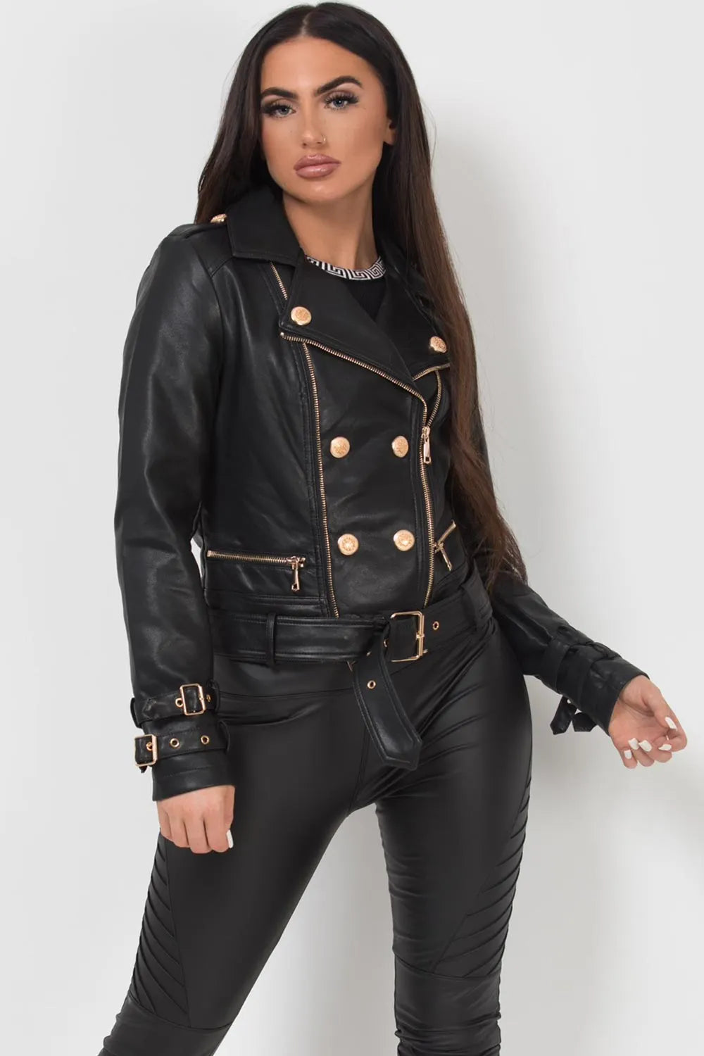 Black Faux Leather Jacket With Gold Button Detail