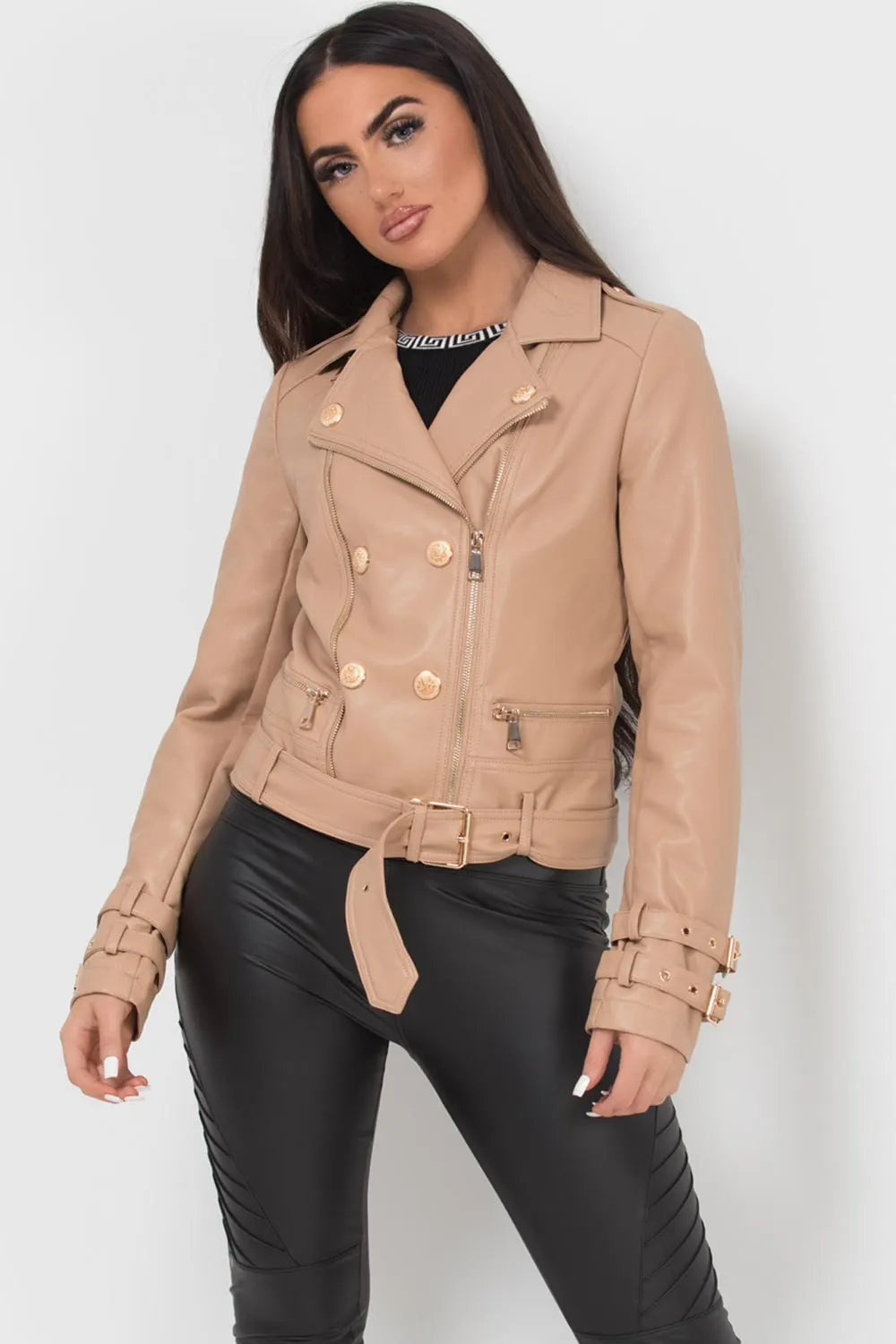 Faux Leather Jacket With Gold Button Detail Stone