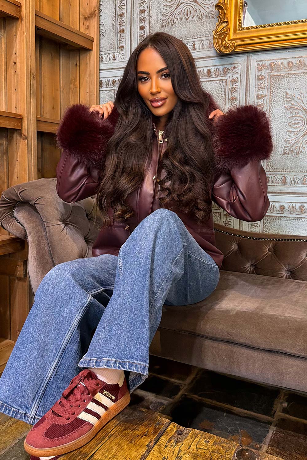 Burgundy Faux Leather Jacket With Faux Fur Collar Cuff & Adjustable Waist
