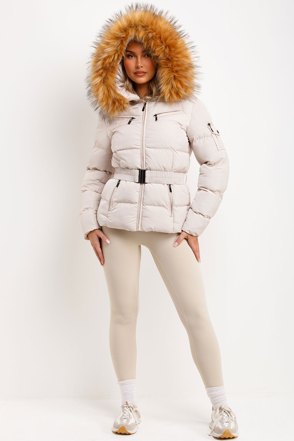 Faux Fur Hood Puffer Jacket With Belt Beige