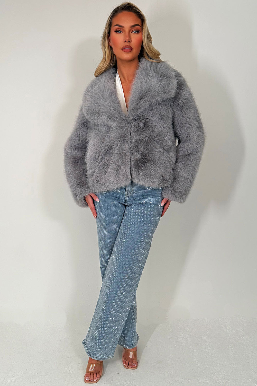 Faux Fur Jacket Collared Grey
