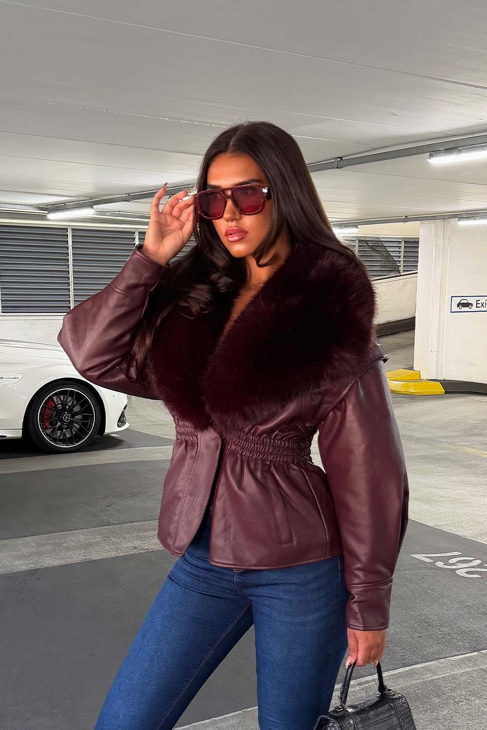 Burgundy Fur Collar Faux Leather Jacket With Cinched Waist