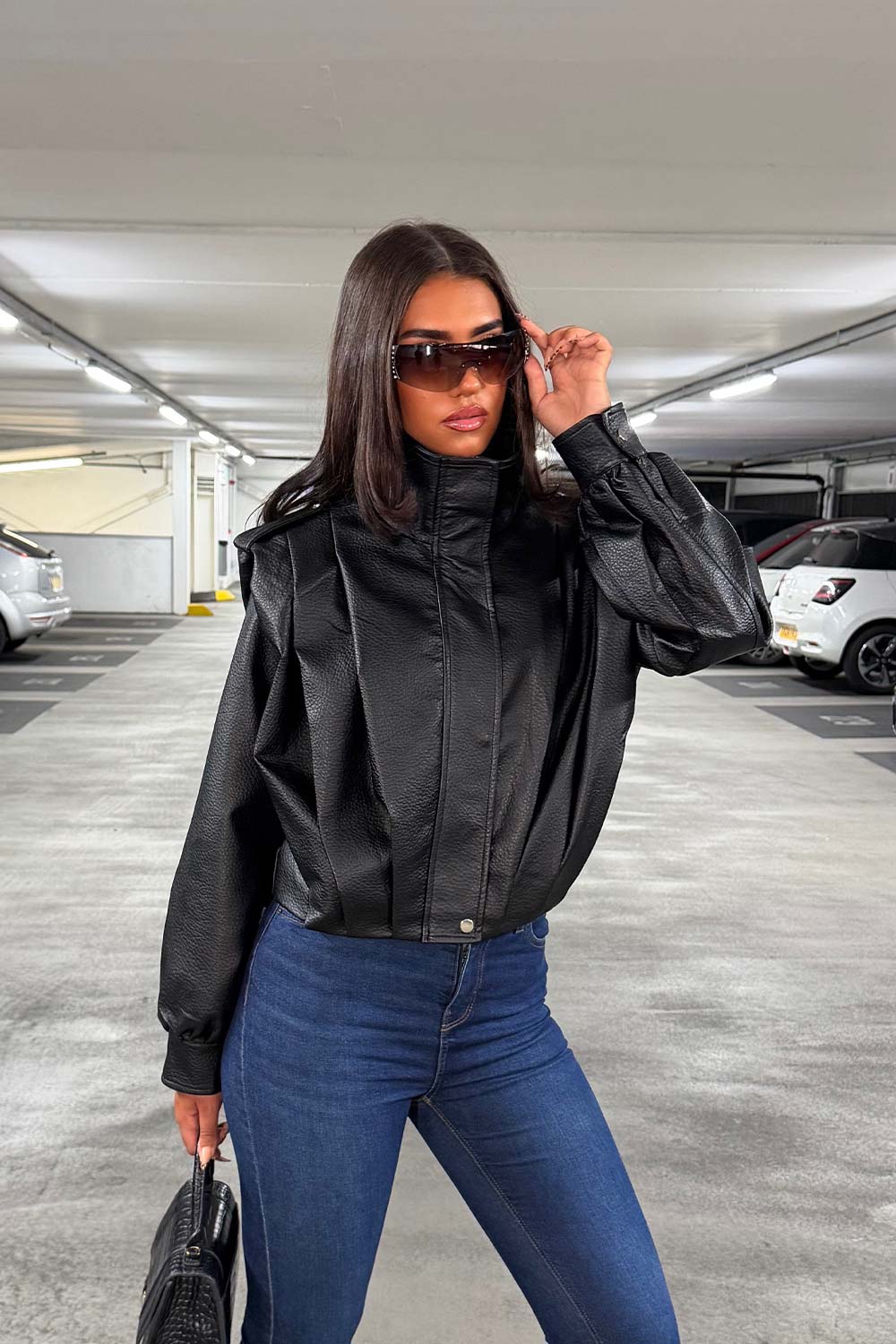 Black Faux Leather Funnel Neck Bomber Jacket