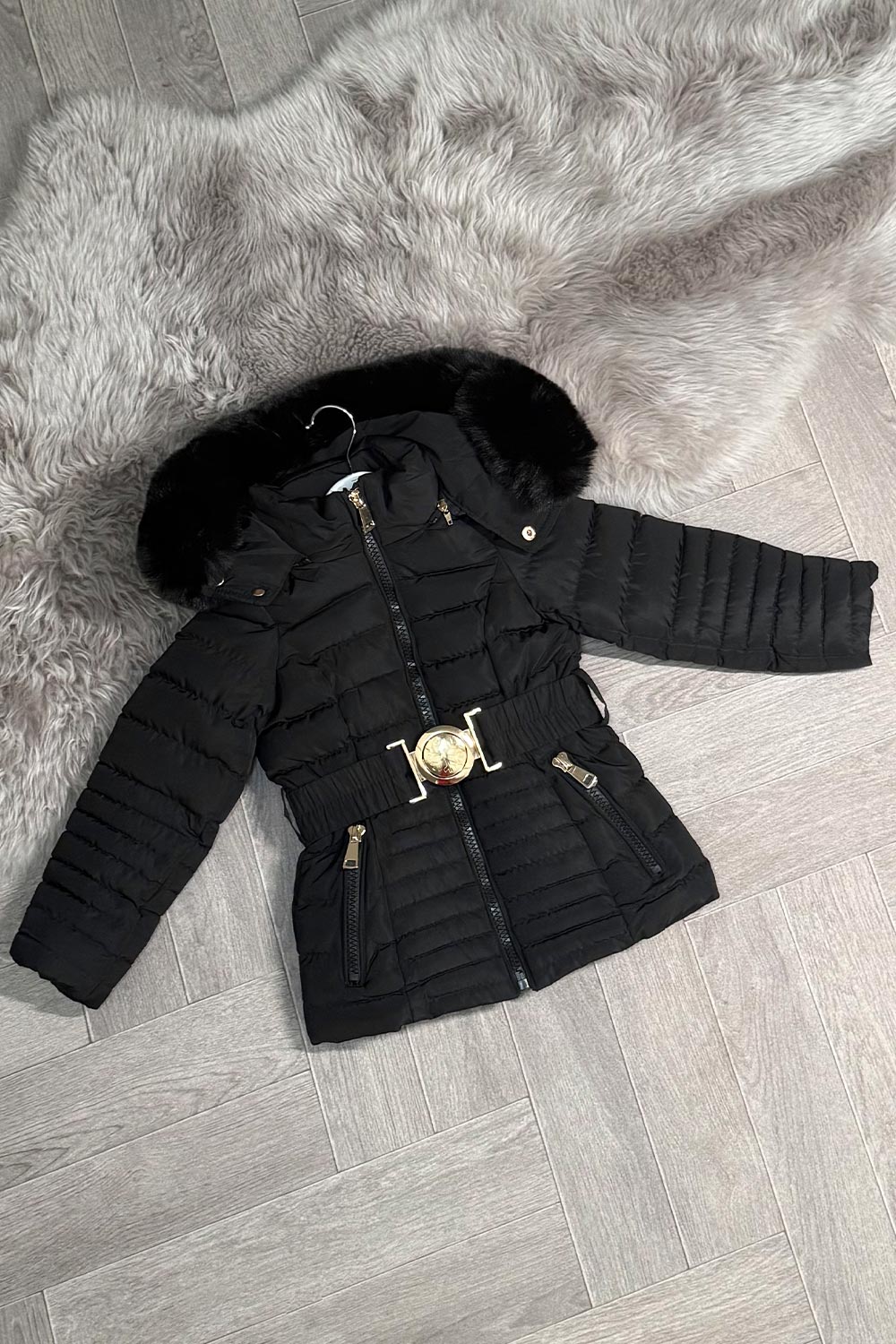 Girls Black Puffer Jacket With Faux Fur Hood And Gold Belt