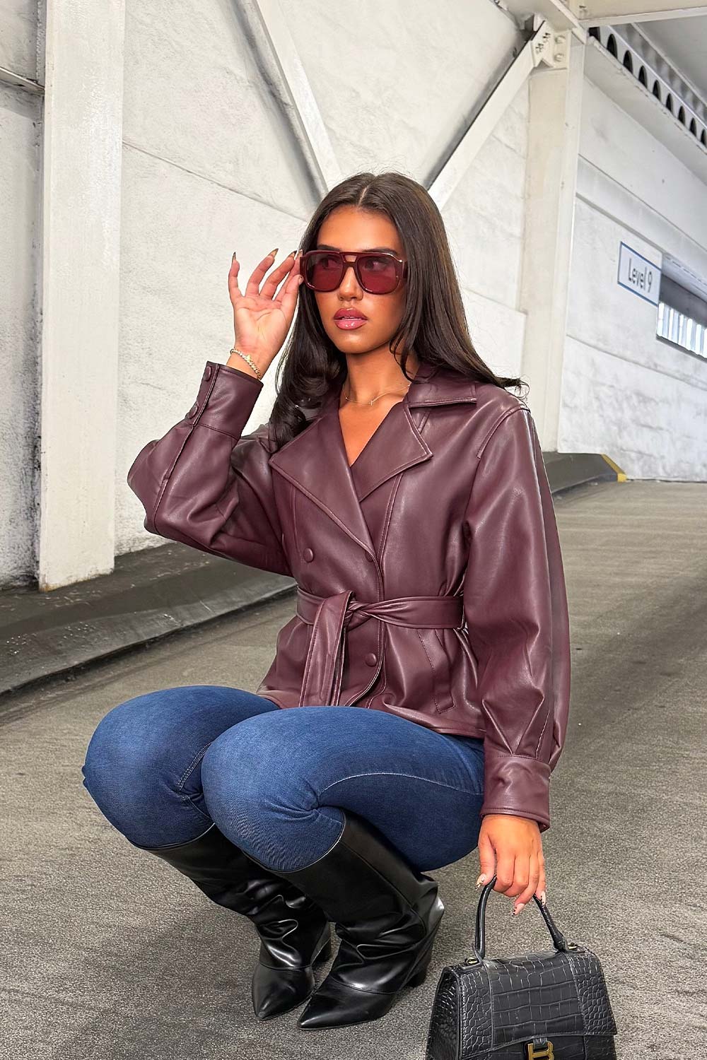Leather Effect Jacket With Lapel Collar And Belt Burgundy