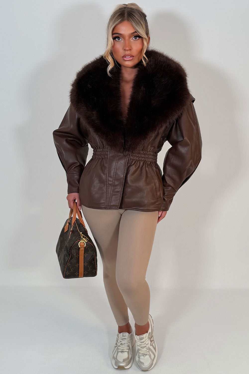 Brown Fur Collar Faux Leather Jacket With Cinched Waist